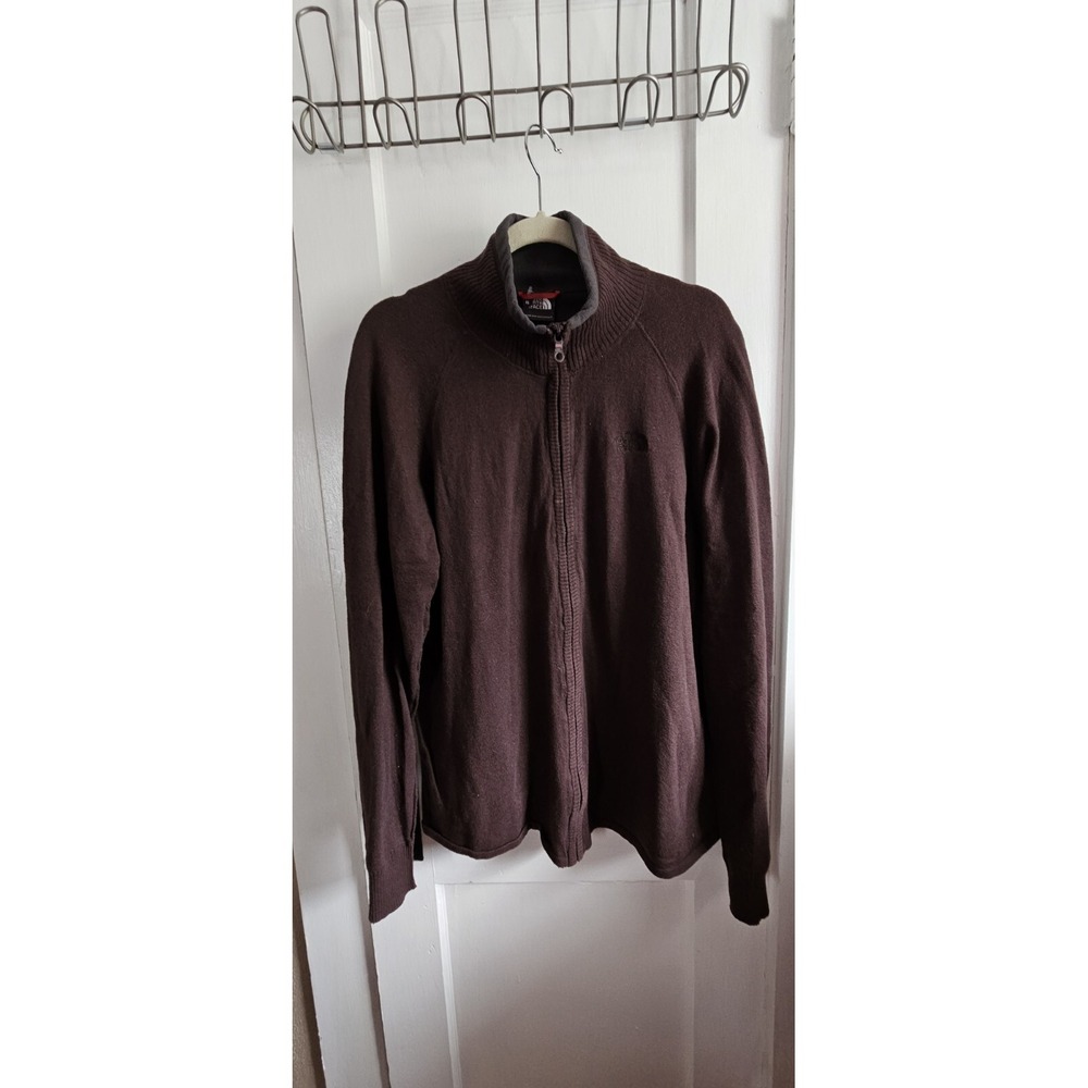 The north face men sweater brown mock neck‎ cotton wool blend full zip Large